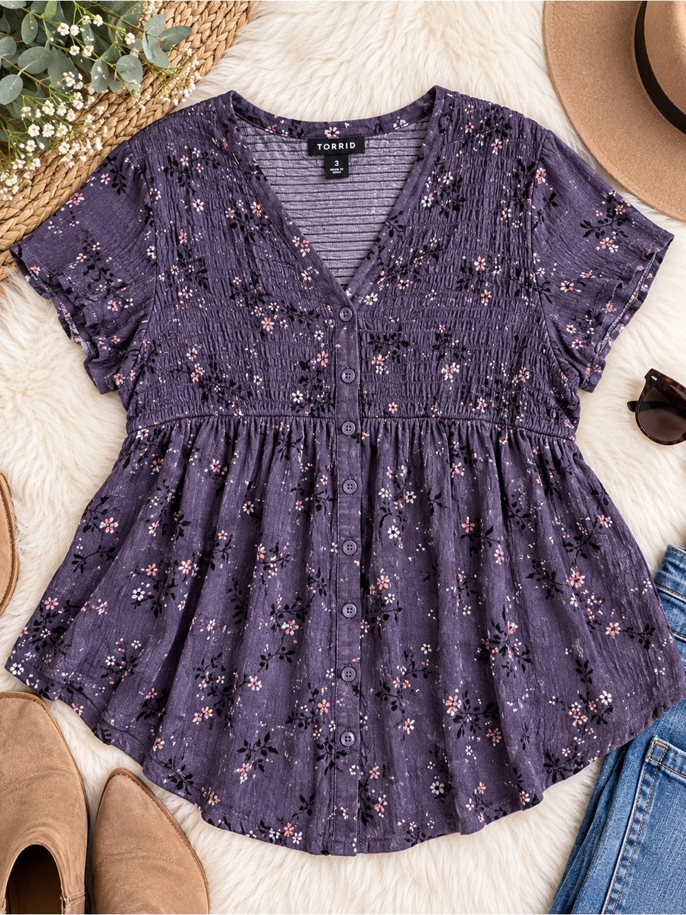 Torrid Floral Smocked Babydoll Button Front Tunic Top Purple Size 3